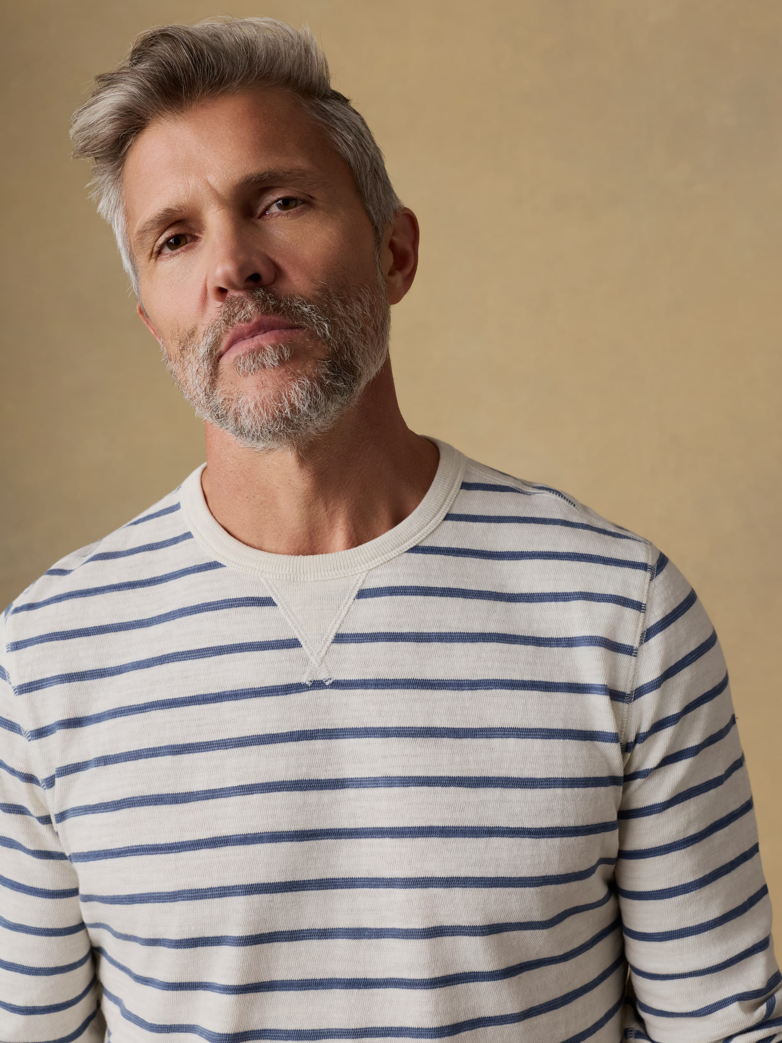 Sunwashed Slub Crew - Ivory Dusk Breton Stripe