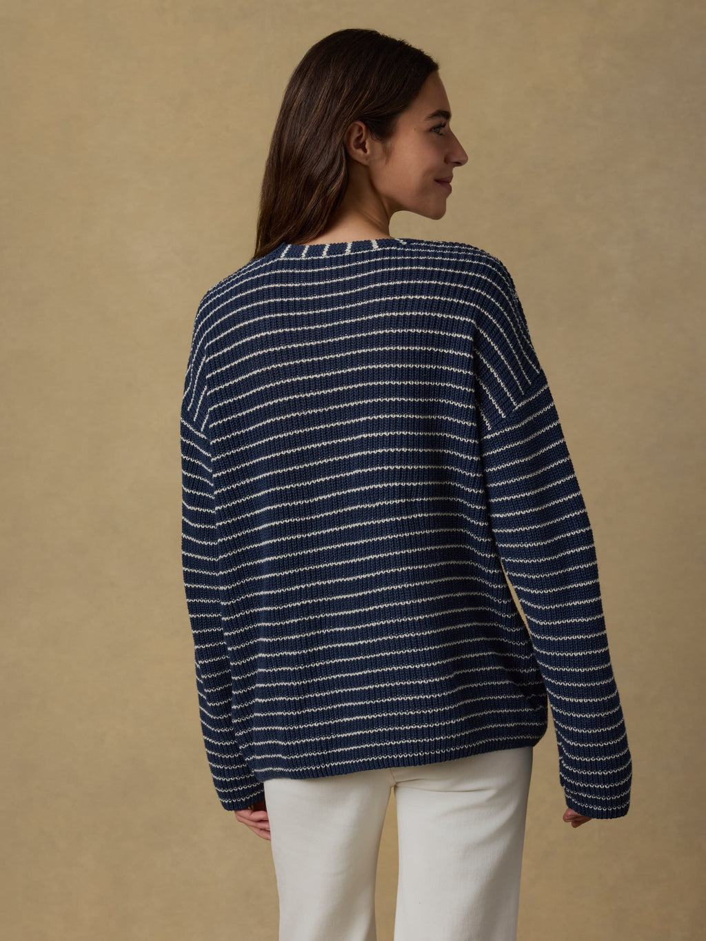 Miramar Linen Deep V Sweater - Navy Stripe
