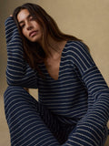 Miramar Linen Deep V Sweater - Navy Stripe