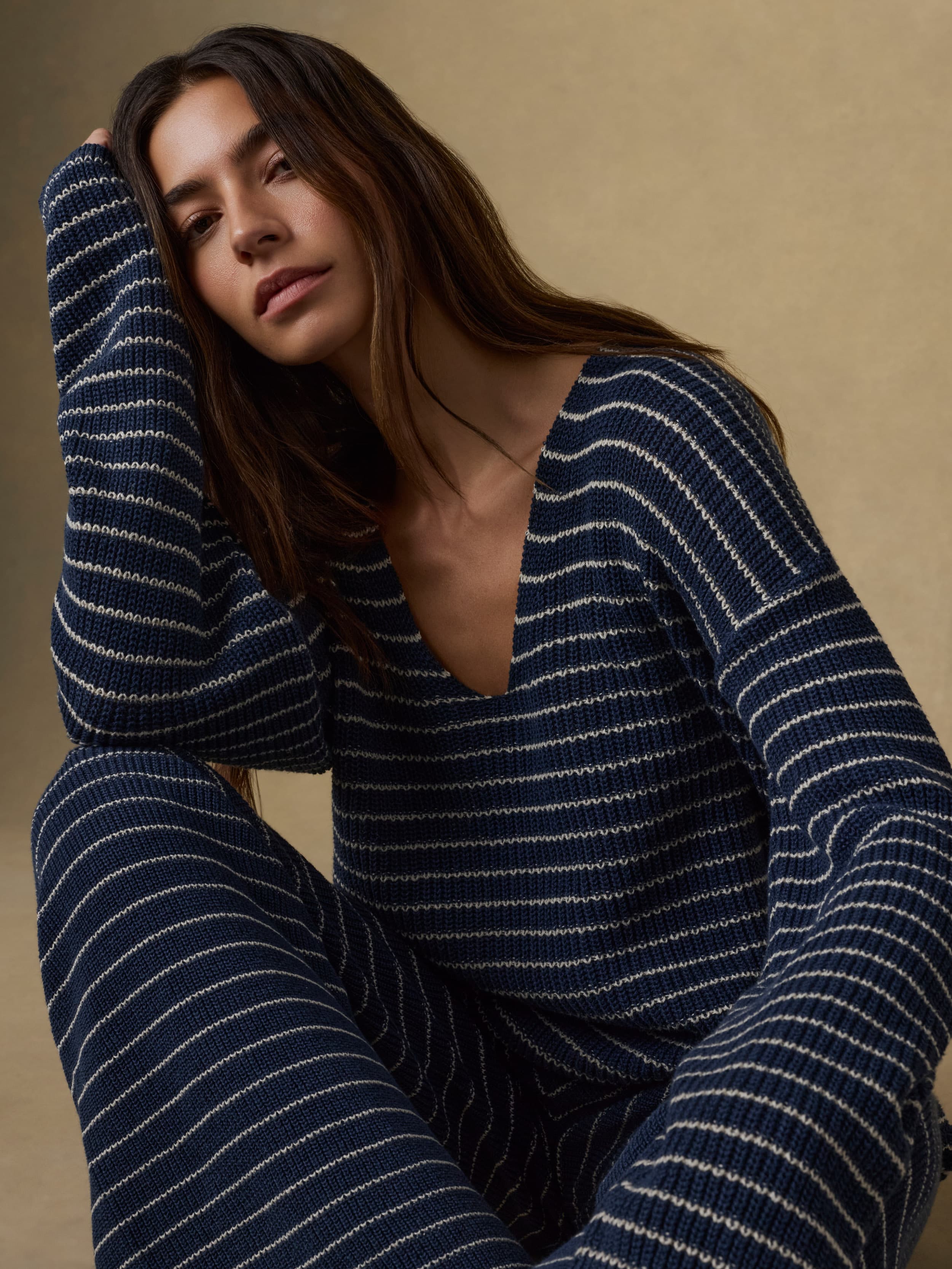 Miramar Linen Deep V Sweater - Navy Stripe