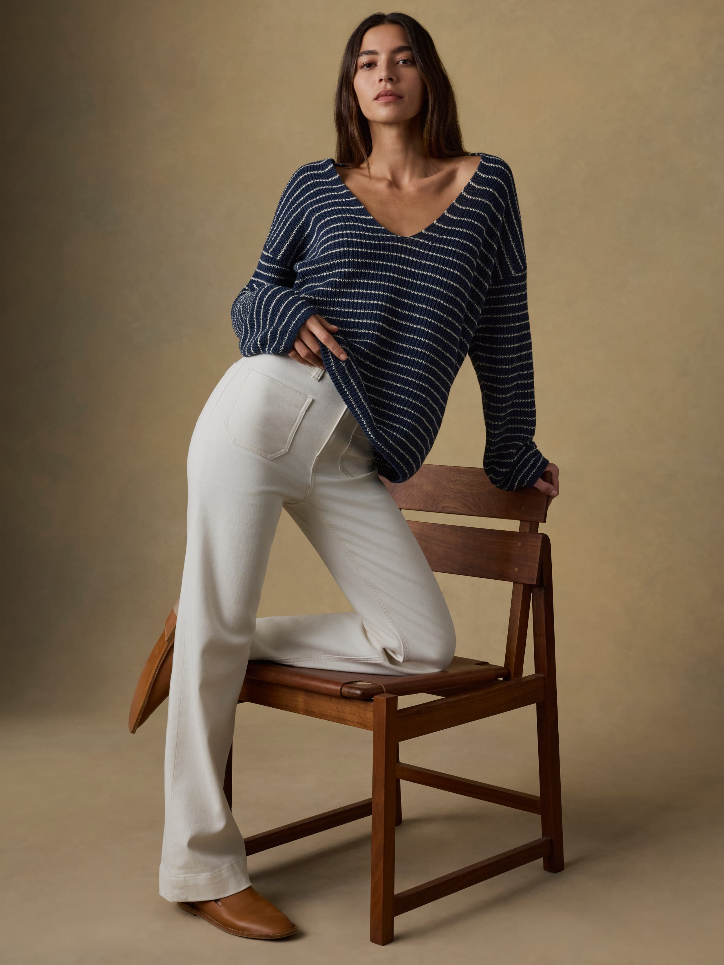 Miramar Linen Deep V Sweater - Navy Stripe