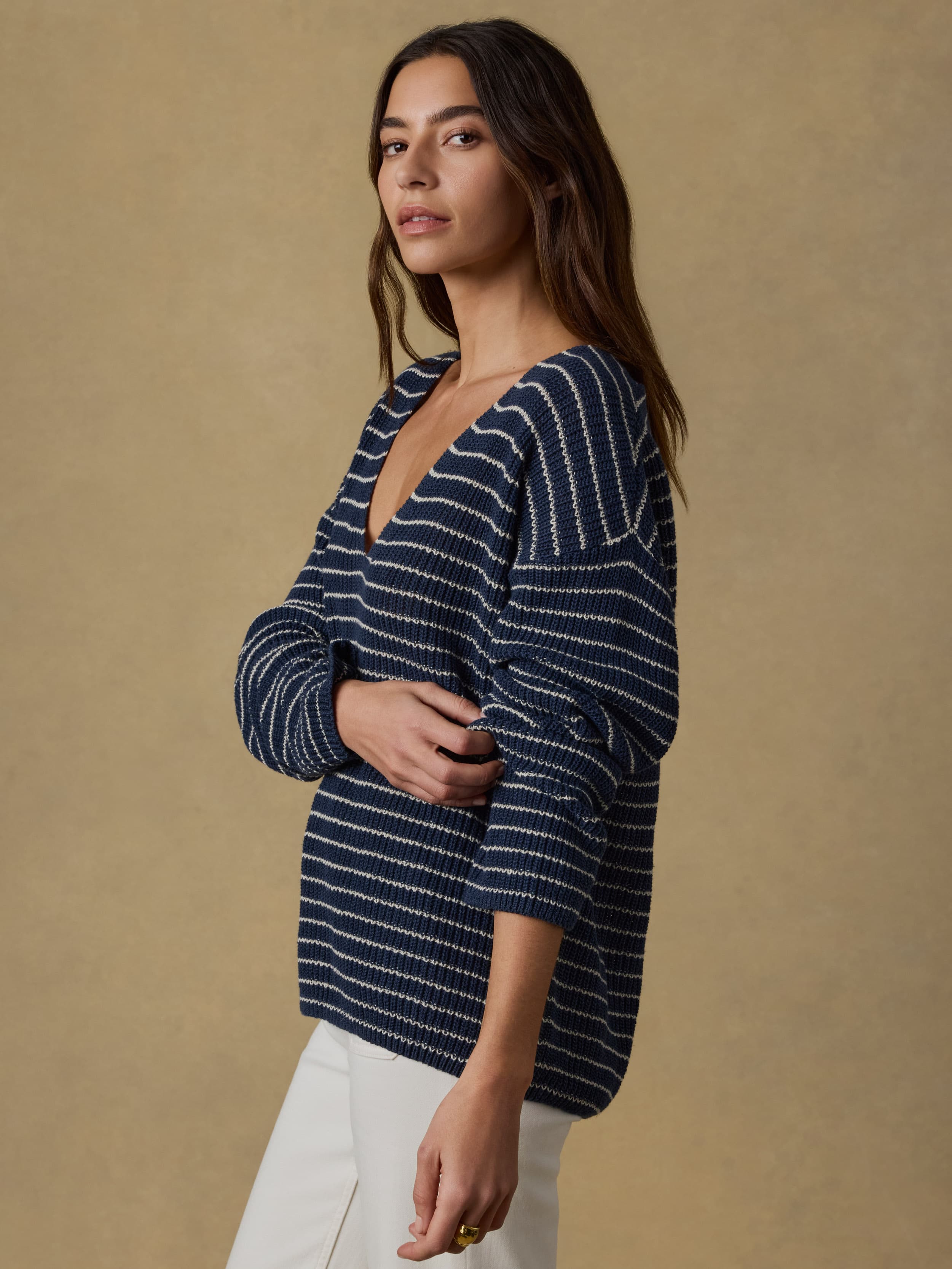 Miramar Linen Deep V Sweater - Navy Stripe